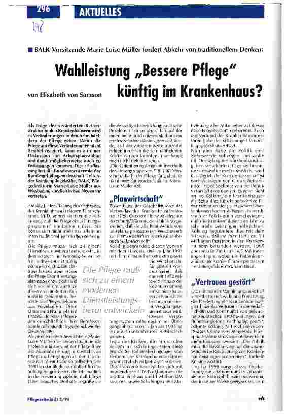 Vorschauseite 1: Wahlleistung Bessere Pflege künftig im Krankenhaus? BALK-Vorsitzende Marie-Luise Müller fordert Abkehr von traditionellem Denken
