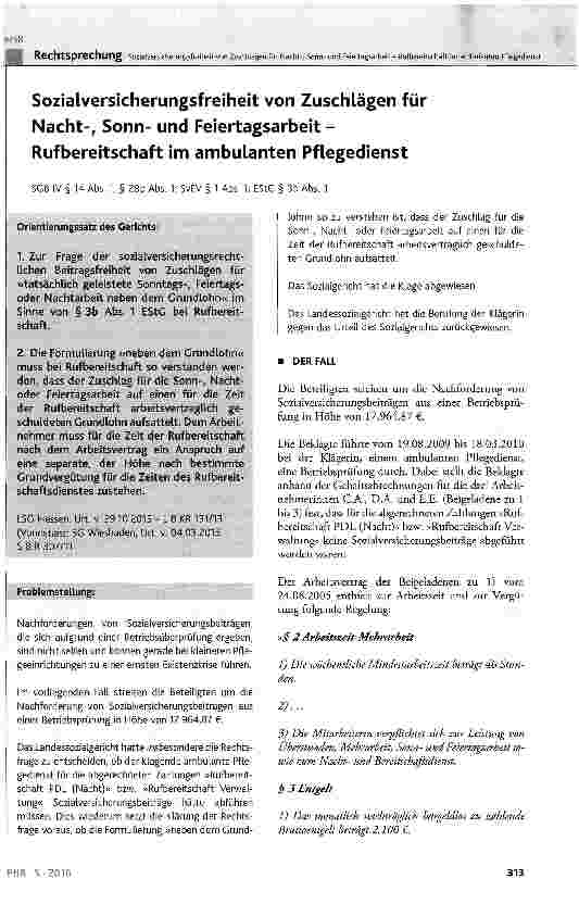 Vorschauseite 1: Sozialversicherungsfreiheit von Zuschlägen für Nacht-, Sonnund Feiertagsarbeit -Rufbereitschaft im ambulanten Pflegedienst