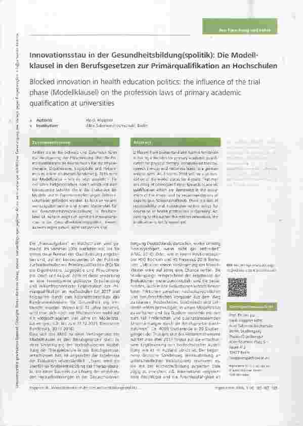 Vorschauseite 1: Innovationsstau in der Gesundheitsbildung(spolitik): Die Modellklausel in den Berufsgesetzen zur Primärqualifikation an Hochschulen
