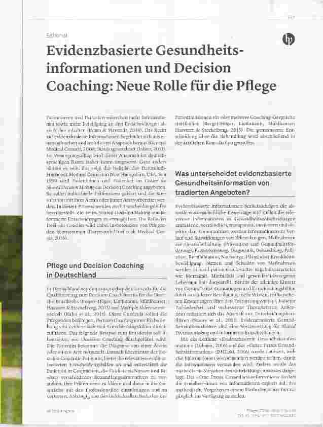 Vorschauseite 1: Evidenzbasierte Gesundheitsinformationen und Decision Coaching: Neue Rolle für die Pflege