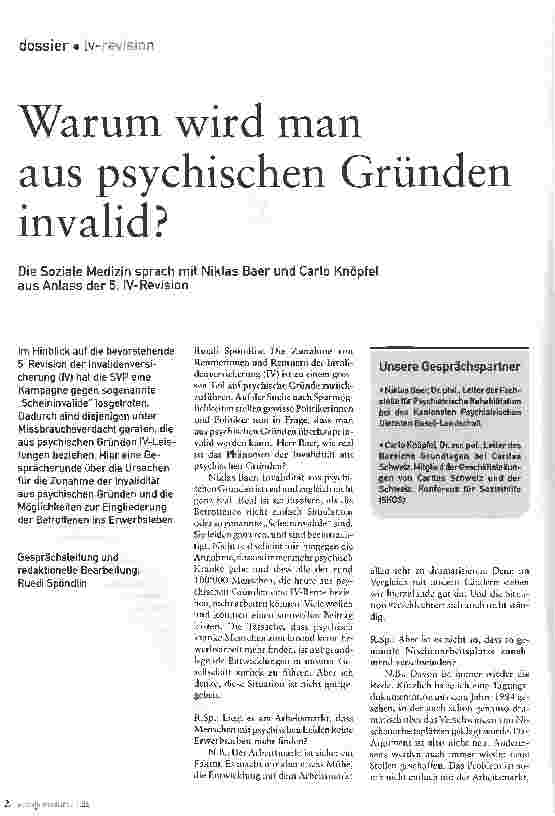 Vorschauseite 1: Warum wird man aus psychischen Gründen invalid?Die Soziale Medizin sprach mit Niklas Baer und Carlo Knöpfet aus Anlass der 5. IV-Revision