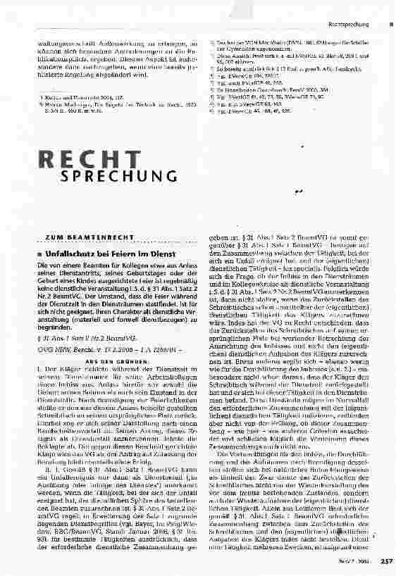 Vorschauseite 1: ZUM BEAMTENRECHTUnfallschutz bei Feiern im Dienst