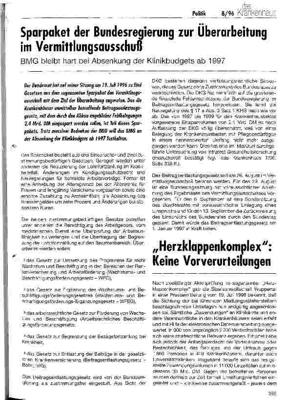 Vorschauseite 1: Sparpaket der Bundesregierung zur Überarbeitung im Vermittlungdausschuß BMG bleibt hart bei Absenkung der Klinikbudgets ab 1997