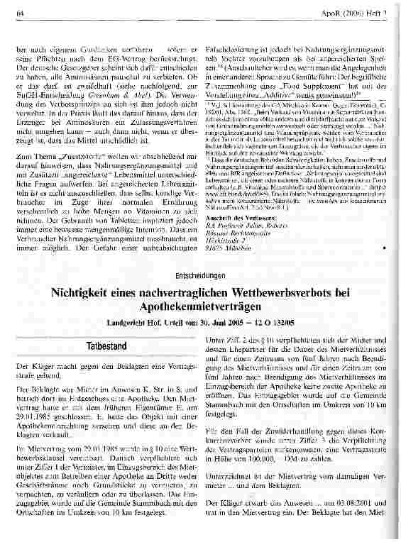 Vorschauseite 1: Nichtigkeit eines nachvertraglichen Wettbewerbsverbots beiApothekenmietverträgen