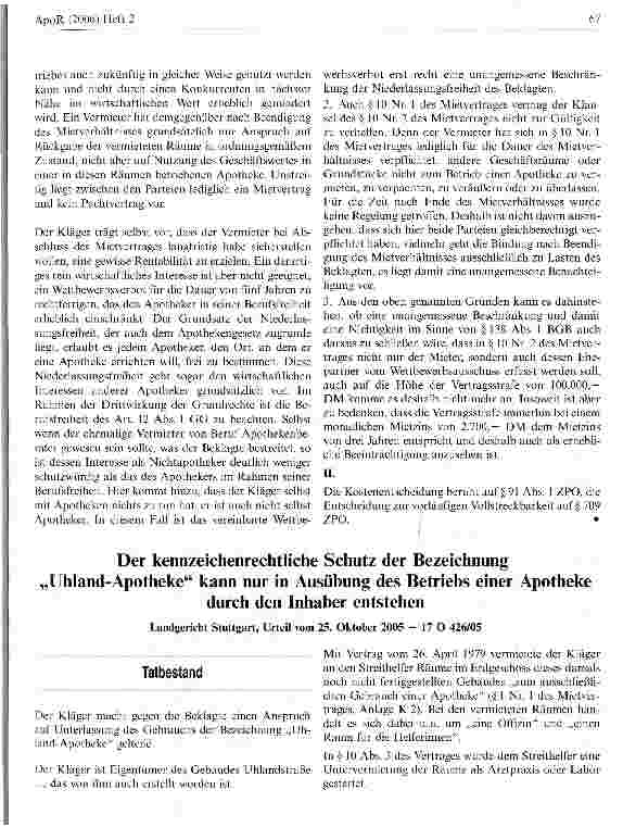 Vorschauseite 4: Nichtigkeit eines nachvertraglichen Wettbewerbsverbots beiApothekenmietverträgen