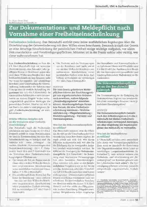 Vorschauseite 1: Zur Dokumentationsund Meldepflicht nach Vornahme einer Freiheitseinschränkung