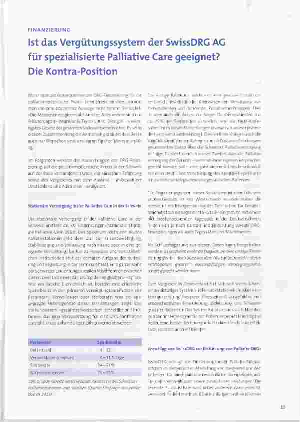 Vorschauseite 1: Ist das Vergütungssystem der SwissDRG AG für spezialisierte Palliative Care geeignet? Die Kontra-Position