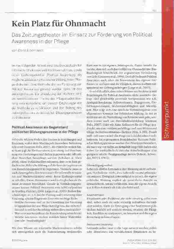 Vorschauseite 1: Kein Platz für Ohnmacht Das Zeitungstheater im Einsatz zur Förderung von Political Awareness in der Pflege