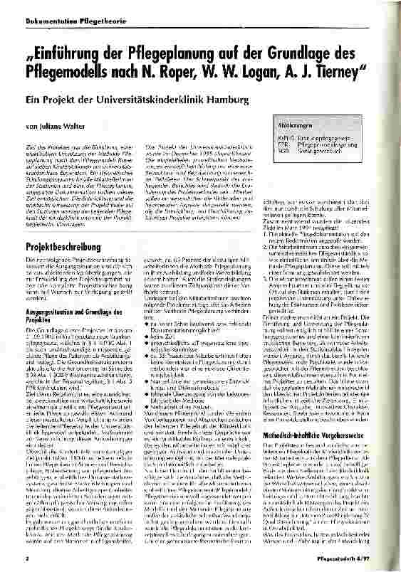 Vorschauseite 1: Einführung der Pflegeplanung auf der Grundlage des Pflegemodells nach N. Roper, W.W. Logan, A.J. Tierney Ein Projekt der Universitätskinderklinik Hamburg