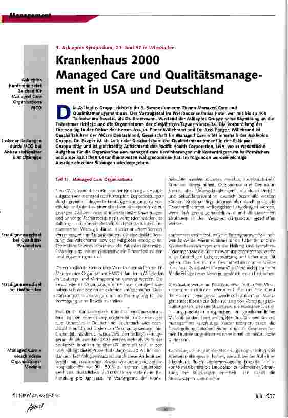 Vorschauseite 1: Krankenhaus 2000 Managed Care und Qualitätsmanagement in den USA und Deutschland 3. Asklepios Symposium, 20. Juni 97 in Wiesbaden