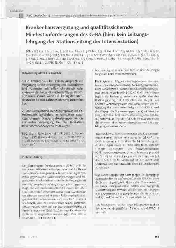 Vorschauseite 1: Krankenhausvergütung und qualitätssichernde Mindestanforderungen des G-BA (hier: kein Leitungslehrgang der Stationsleitung der Intensivstation)