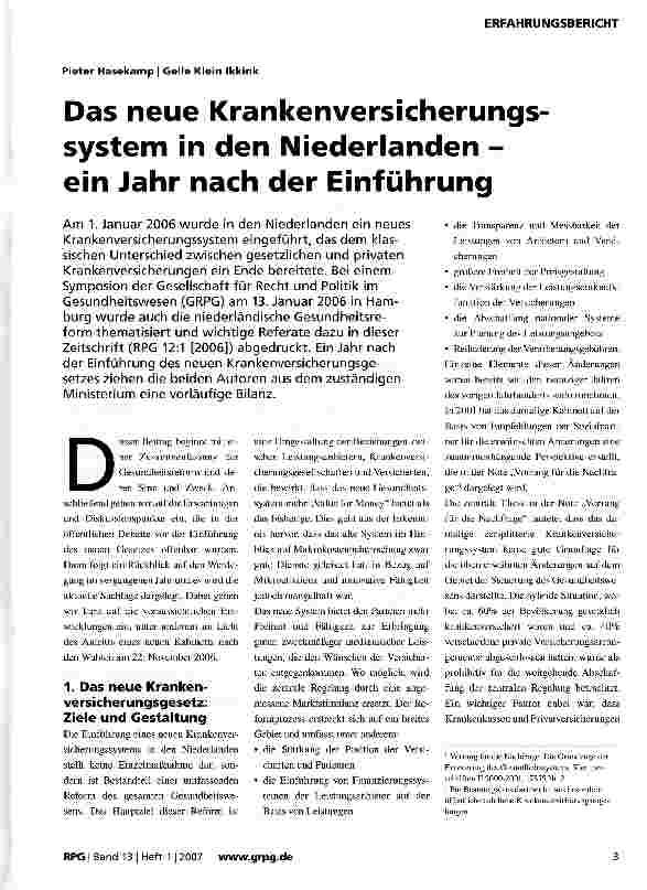Vorschauseite 1: Das neue Krankenversicherungssystem in den Niederlanden -ein Jahr nach der Einführung