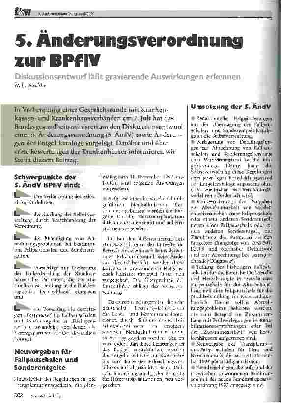 Vorschauseite 1: 5. Änderungsverordnung zur BPflV Diskussion läßt gravierende Auswirkungen erkennen