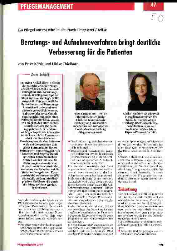 Vorschauseite 1: Beratungsund Aufnahmeverfahren bringt deutliche Verbesserung für die Patienten Ein Pflegekonzept wird in die Praxis umgesetzt / Teil 4