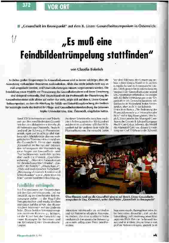 Vorschauseite 1: Es muß eine Feindbildentrümpelung stattfinden Gesundheit im Brennpunkt auf dem 8. Linzer Gesundheitssymposium in Österreich