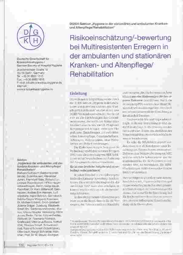 Vorschauseite 1: Risikoeinschätzungsbewertung bei Multi resistenten Erregern in der ambulanten und stationären Krankenund Altenpflege Rehabilitation