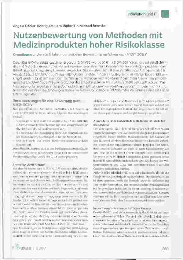 Vorschauseite 1: Nutzenbewertung von Methoden mit Medizinprodukten hoher Risikoklasse