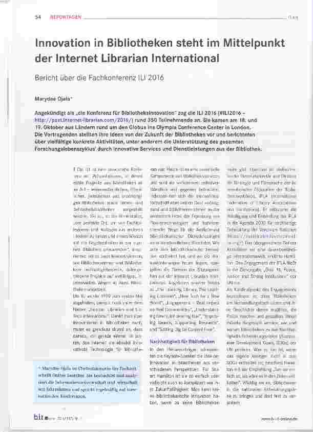 Vorschauseite 1: Innovation in Bibliotheken steht im Mittelpunkt der Internet Librarian International