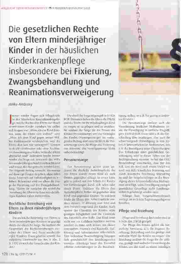 Vorschauseite 1: Die gesetzlichen Rechte von Eltern minderjähriger Kinder in der häuslichen Kinderkrankenpflege insbesondere bei Fixierung, Zwangsbehandlung und Reanimationsverweigerung