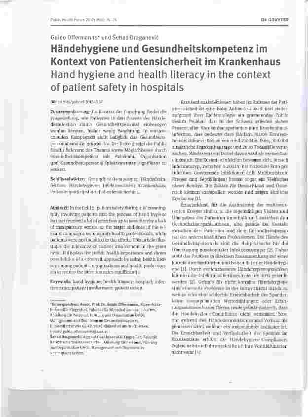 Vorschauseite 1: Händehygiene und Gesundheitskompetenz im Kontext von Patientensicherheit im KrankenhausHand hygiene and health literacy in the context of patient safety in hospitals