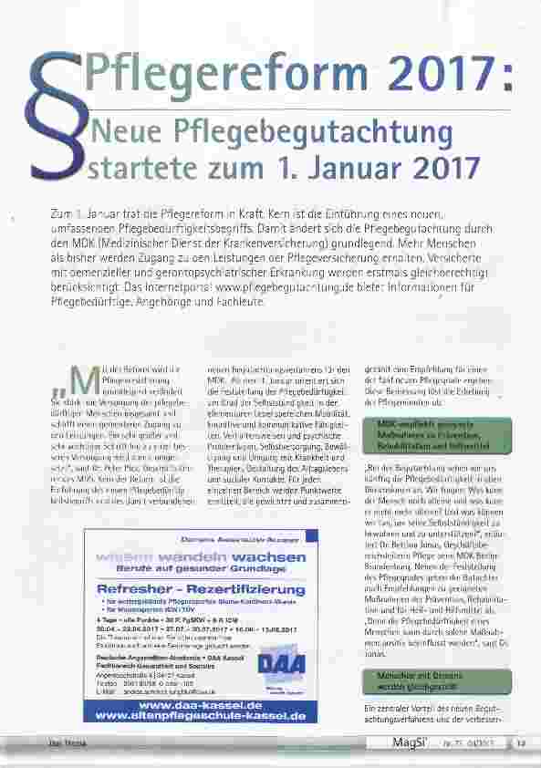 Vorschauseite 1: Neue Pflegebegutachtung startete zum 1. Januar 2017