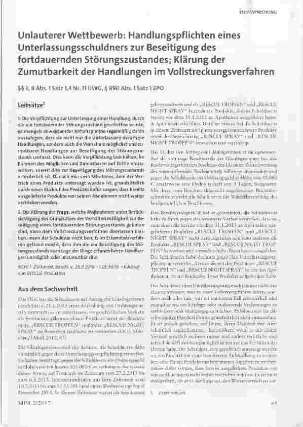 Vorschauseite 1: Unlauterer Wettbewerb: Handlungspflichten eines Unterlassungsschuldners zur Beseitigung des fortdauernden Störungszustandes; Klärung der Zumutbarkeit der Handlungen im Vollstrecku…