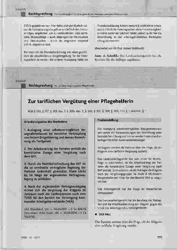 Vorschauseite 1: Zur tariflichen Vergütung einer Pflegehelferin