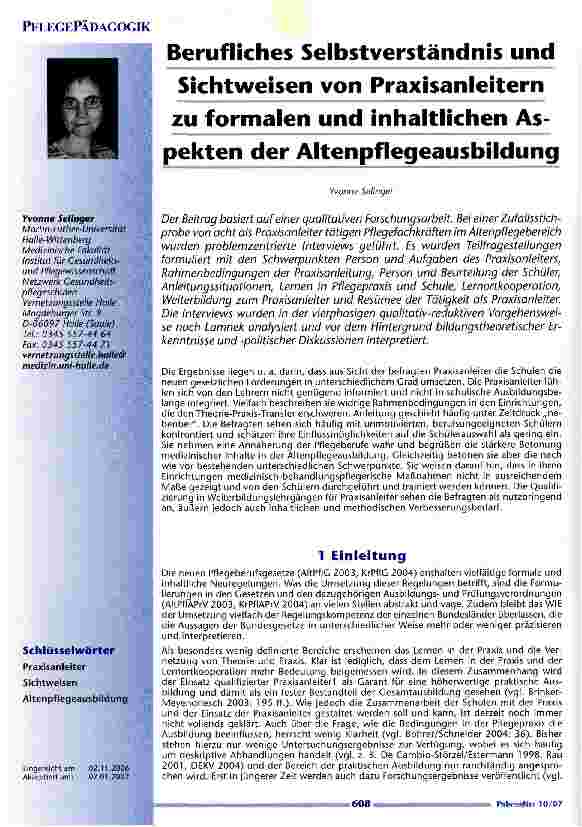 Vorschauseite 1: Berufliches Selbstverständnis und Sichtweisen von Praxisanleitern zu formalen und inhaltlichen Aspekten der Altenpflegeausbildung