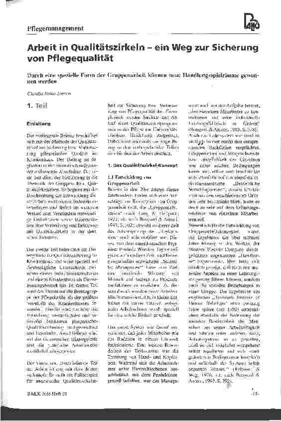 Vorschauseite 1: Arbeit in Qualitätszirkeln - ein Weg zur Sicherung von Pflegequalität 1. Teil