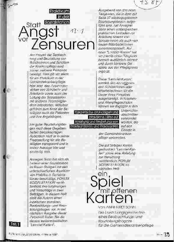 Vorschauseite 1: Statt Angst vor Zensuren ein Spiel mit offenen Karten