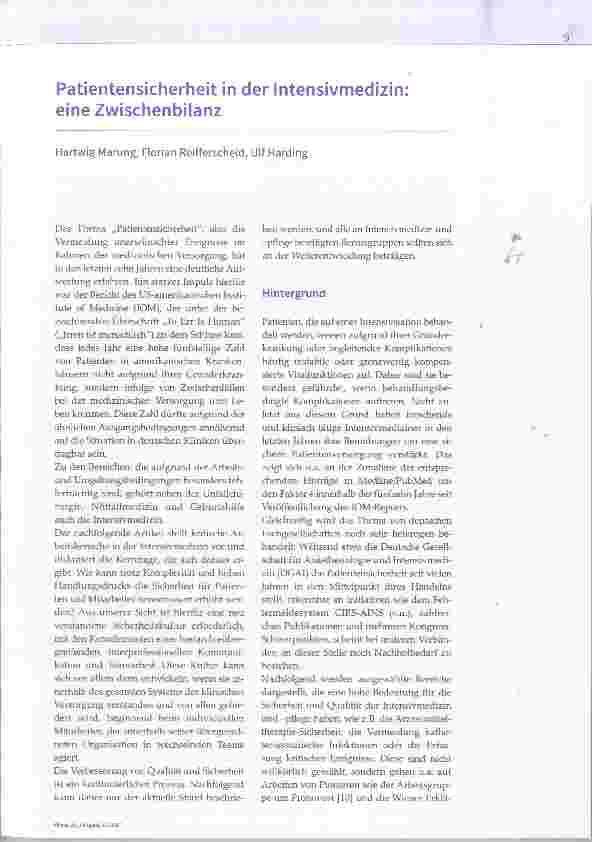 Vorschauseite 1: Patientensicherheit in der Intensivmedizin: eine Zwischenbilanz