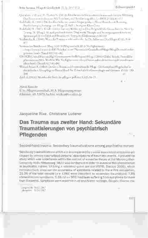 Vorschauseite 1: Das Trauma aus zweiter Hand: Sekundäre Traumatisierungen von psychiatrischPflegenden