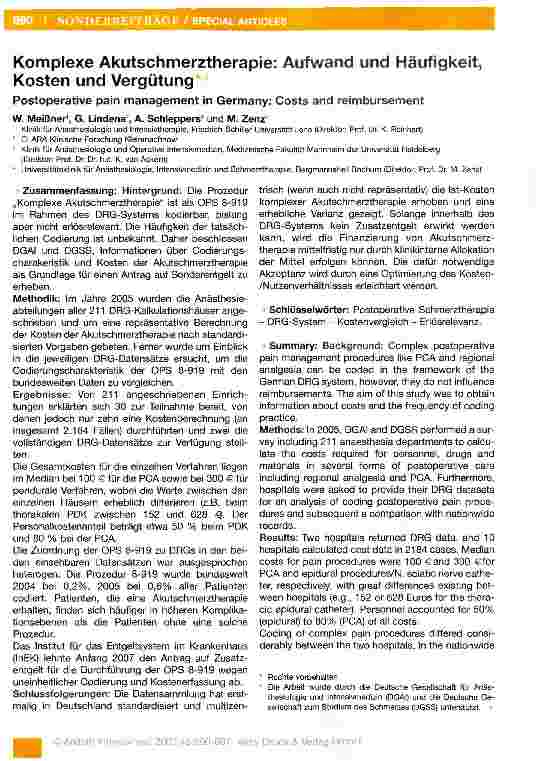 Vorschauseite 1: Komplexe Akutschmerztherapie: Aufwand und Häufigkeit, Kosten und Vergütung
