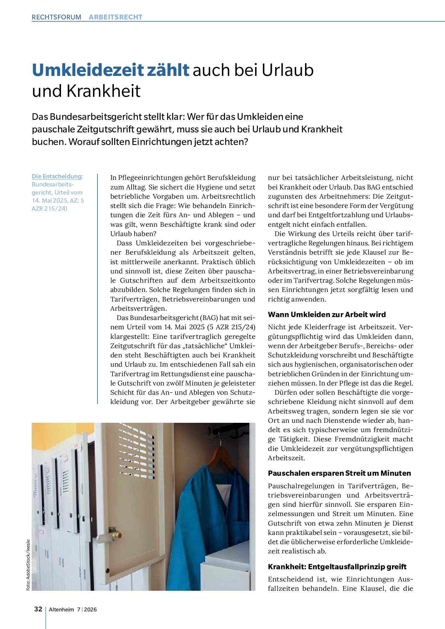 Vorschauseite 1: Umkleidezeit zählt auch bei Urlaub und Krankheit