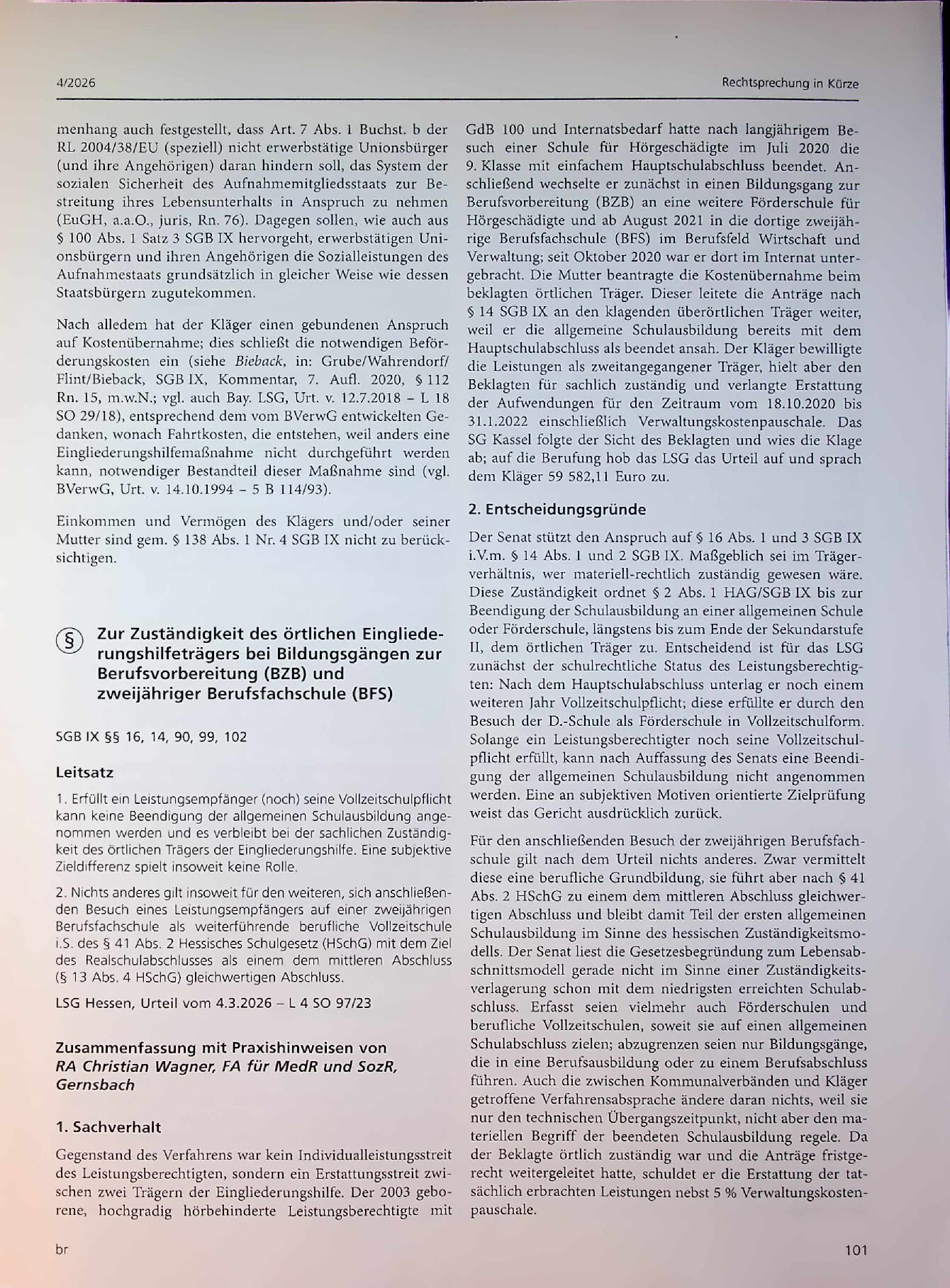 Vorschauseite 4: Aus der Rechtsprechung: Arbeitnehmerfreizügigkeit und Eingliederungshilfe für mitziehende Familienangehörige von Unionsbürgern