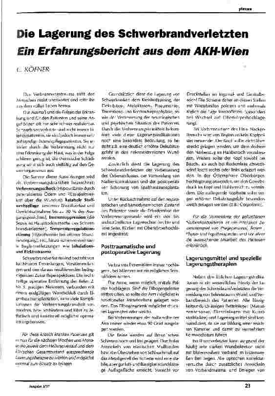 Vorschauseite 1: Die Lagerung des Schwerbrandverletzten Ein Erfahrungsbericht aus dem AKH-Wien