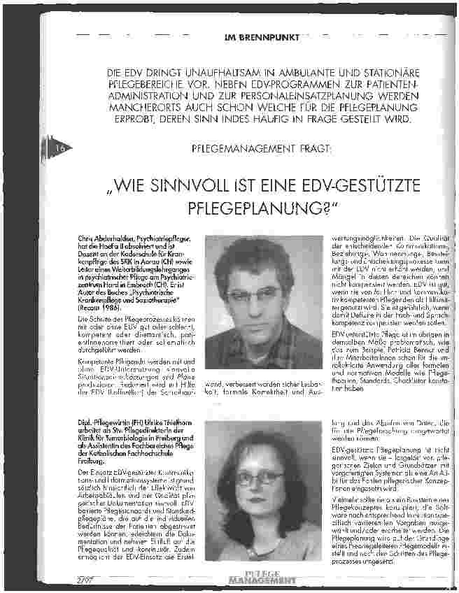 Vorschauseite 1: PFLEGEMANAGEMENT fragt: Wie sinnvoll ist eine EDV-gestützte Pflegeplanung?