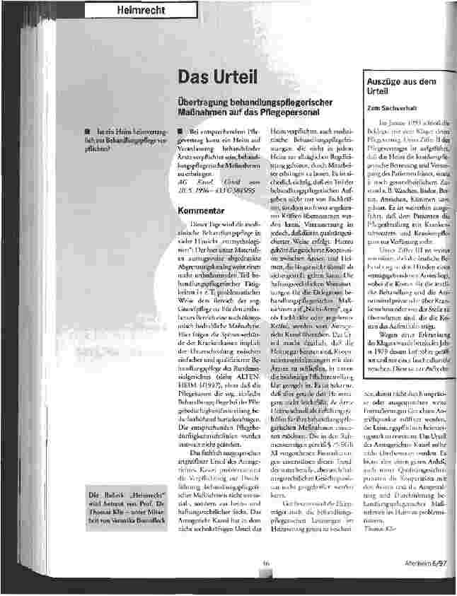 Vorschauseite 1: Das Urteil Übertragung behandlungspflegerischer Maßnahmen auf das Pflegepersonal