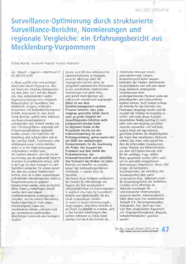 Vorschauseite 1: Surveillance-Optimierung durch strukturierte Surveillance-Berichte, Normierungen undregionale Vergleiche: ein Erfahrungsbericht aus Mecklenburg-Vorpommern