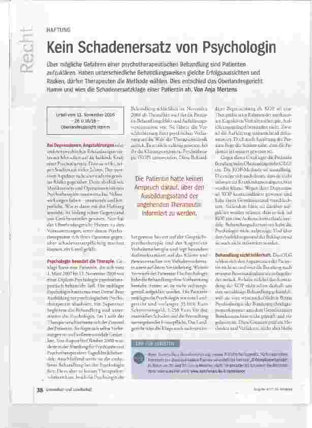Vorschauseite 1: Kein Schadenersatz von Psychologin