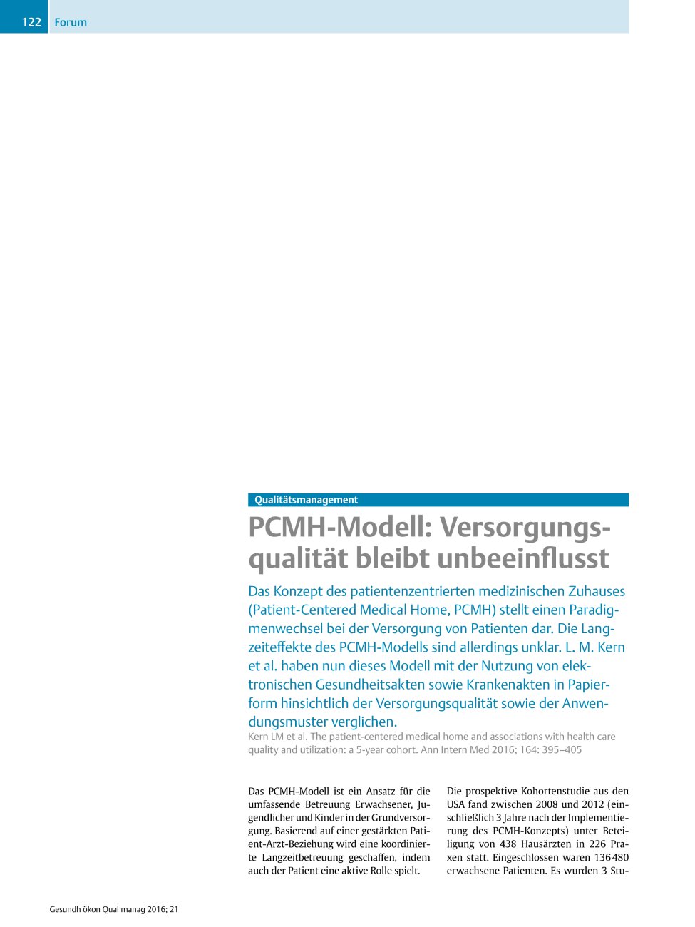 Vorschauseite 1: Qualitätsmanagement ? PCMH-Modell: Versorgungsqualität bleibt unbeeinflusst