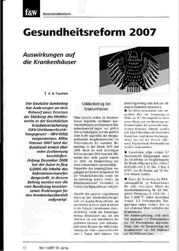 Vorschauseite 1: Gesundheitsreform 2007Auswirkungen auf die Krankenhäuser
