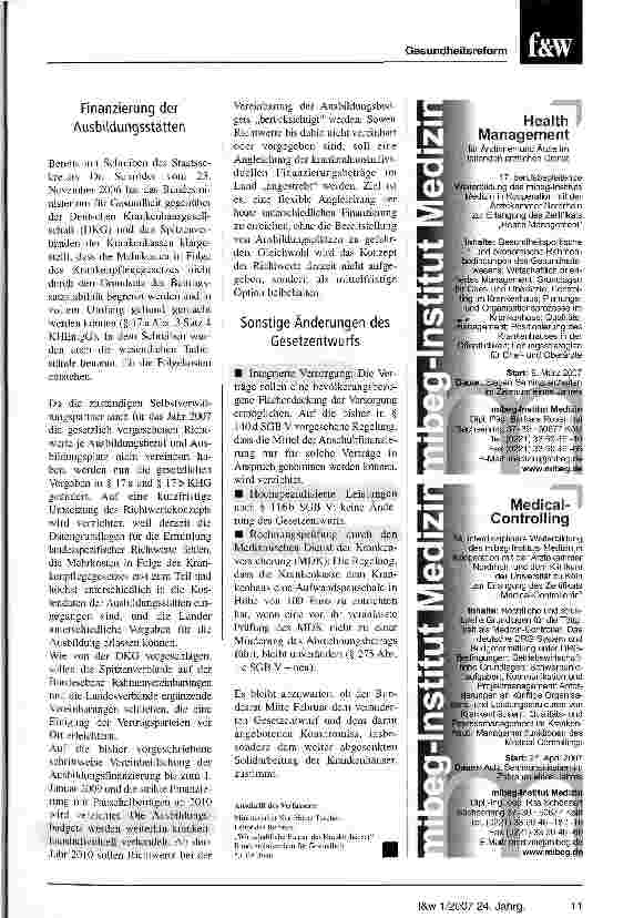 Vorschauseite 2: Gesundheitsreform 2007Auswirkungen auf die Krankenhäuser
