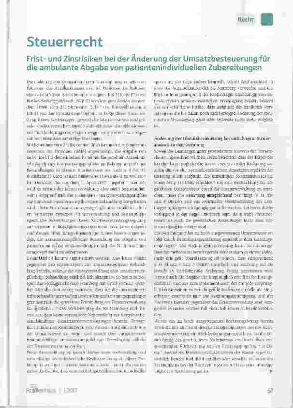 Vorschauseite 1: Fristund Zinsrisiken bei der Änderung der Umsatzbesteuerung für die ambulante Abgabe von patientenindividuellen Zubereitungen