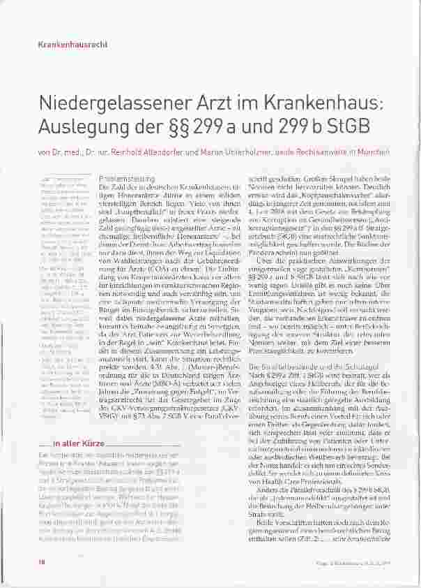 Vorschauseite 1: Niedergelassener Arzt im Krankenhaus: Auslegung der §§ 299a und 299 b StGB