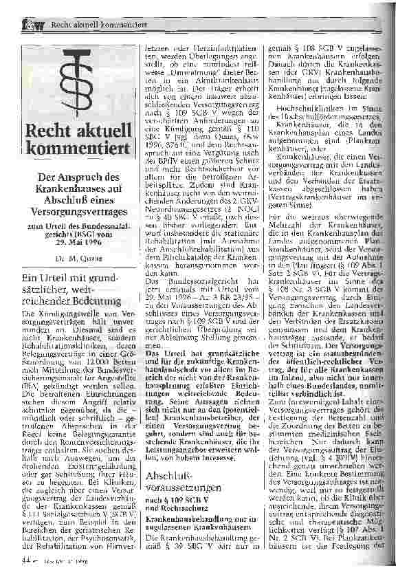 Vorschauseite 1: Der Anspruch des Krankenhauses auf Abschluß eines Versorgungsvertrages zum Urteil des Bundessozialgerichts vom 29. Mai 1996