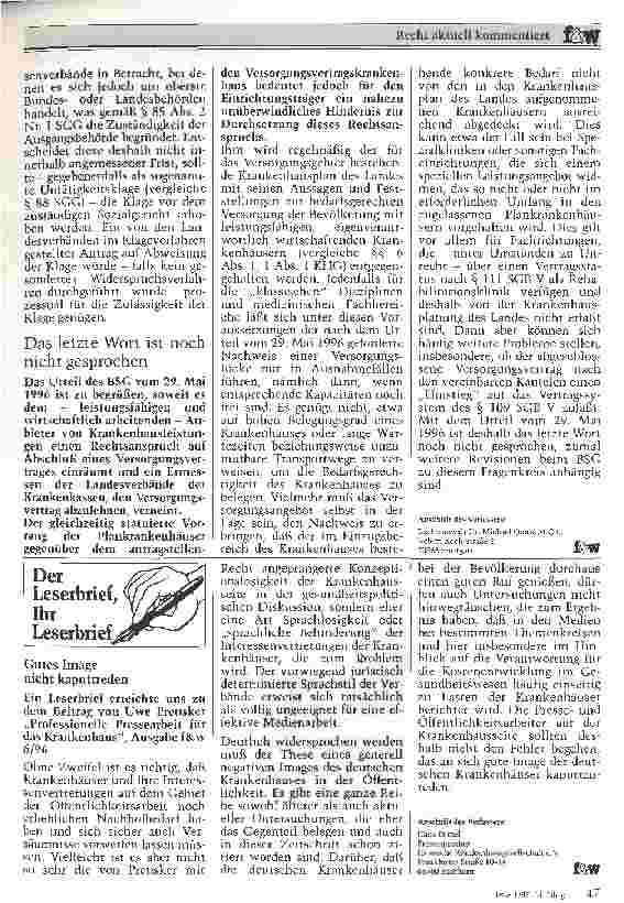 Vorschauseite 4: Der Anspruch des Krankenhauses auf Abschluß eines Versorgungsvertrages zum Urteil des Bundessozialgerichts vom 29. Mai 1996