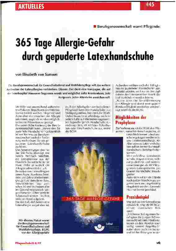 Vorschauseite 1: 365 Tage Allergie-Gefahr durch gepuderte Latex-Handschuhe Berufsgenossenschaft warnt Pflegende