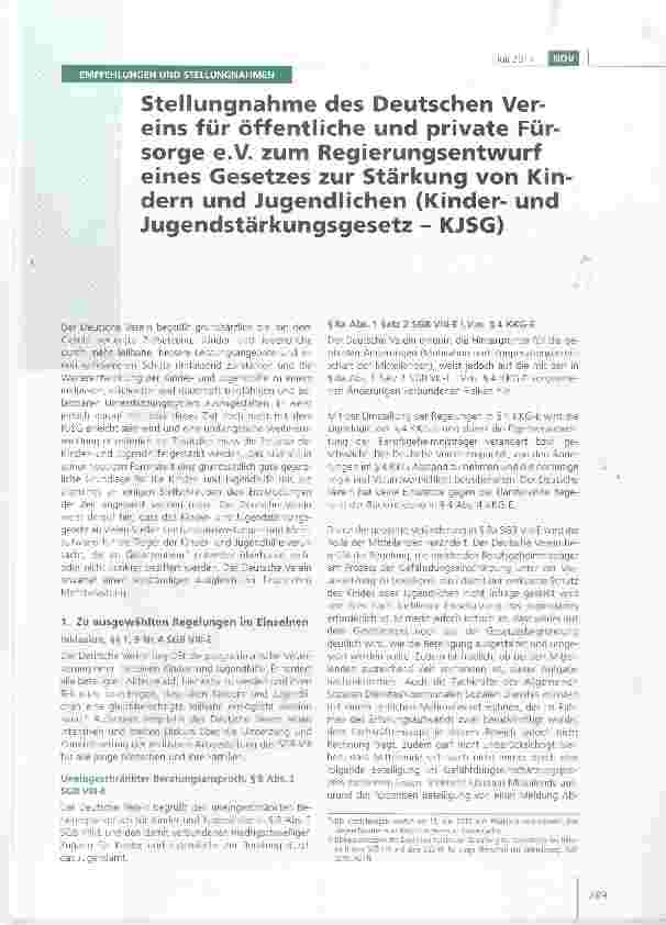 Vorschauseite 1: Stellungnahme des Deutschen Vereins für öffentliche und private Fürsorge e. V. zum Regierungsentwurf eines Gesetzes zur Stärkung von Kindern und Jugendlichen (Kinderund Jugendstär…