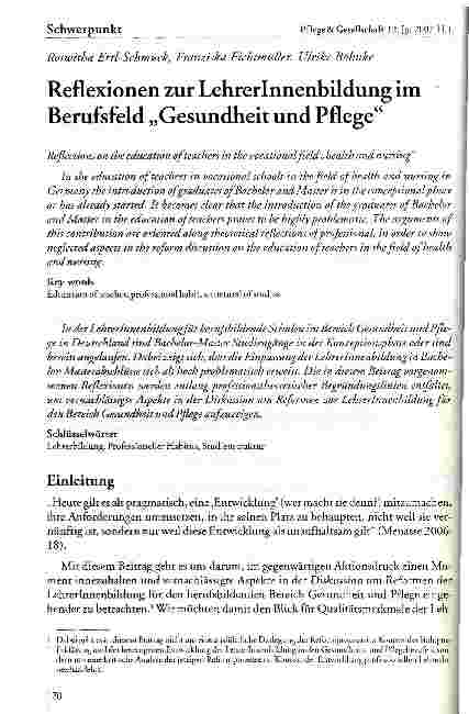 Vorschauseite 1: Reflexionen zur Lehrerinnenbildung im Berufsfeld Gesundheit und Pflege